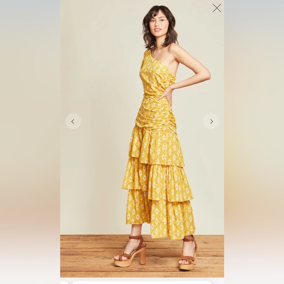 veronica beard one shoulder dress Grycen One-Shoulder Jacquard Midi Dress in Gold Ochre